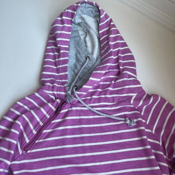 Pink and White Striped Double Hooded Women’s Sweatshirt - Picture 2 of 7